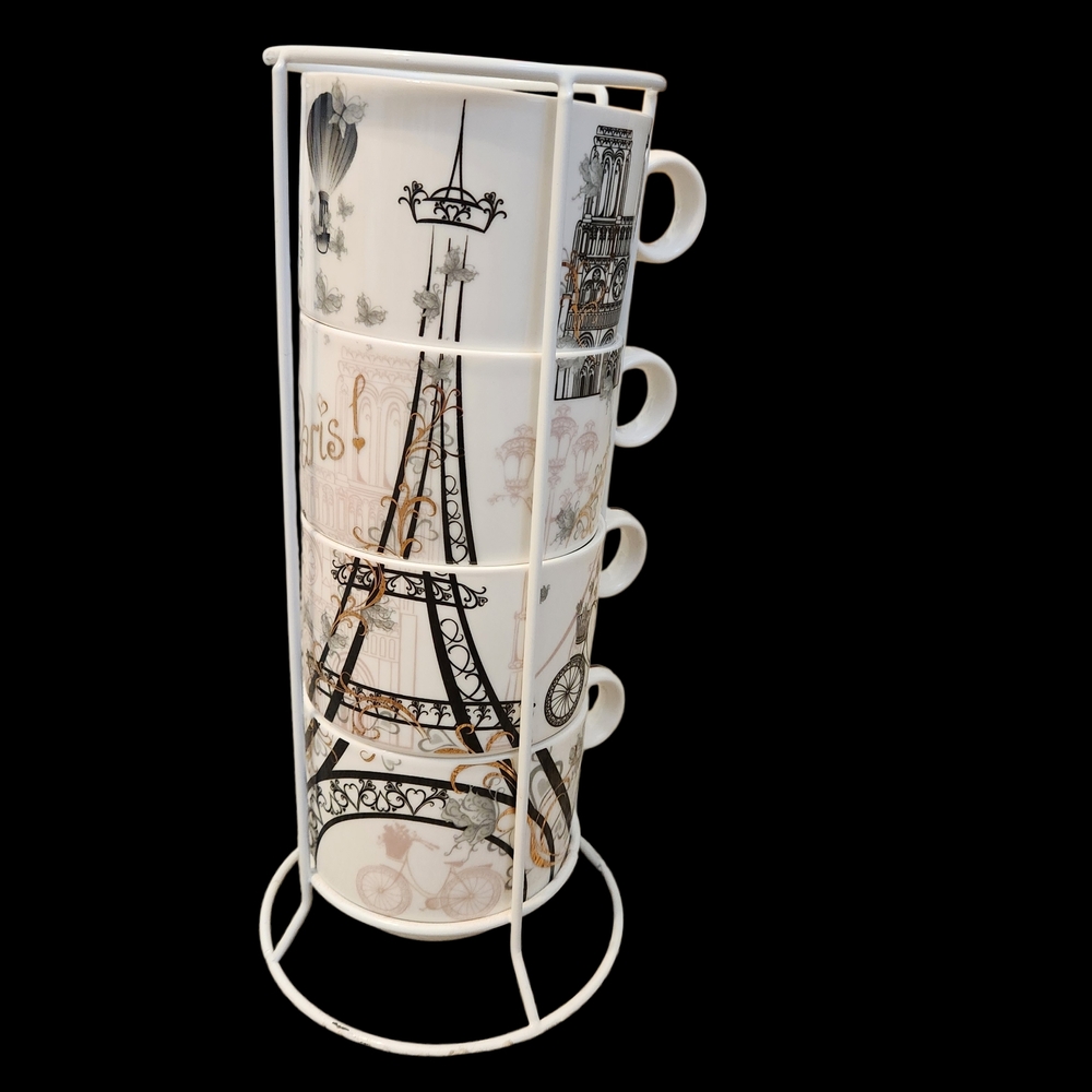 Paris Themed Stackable Mugs with Stand